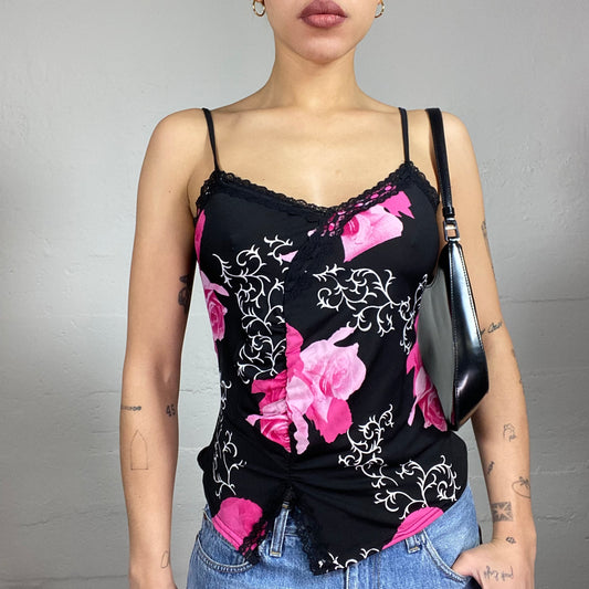 Vintage 2000's Romantic Girl Black Top with Pink Floral Print (S/M)