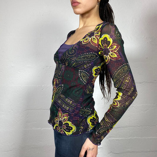 Vintage 2000's Hippie Purple Longsleeve Top with Green Floral Print (S)