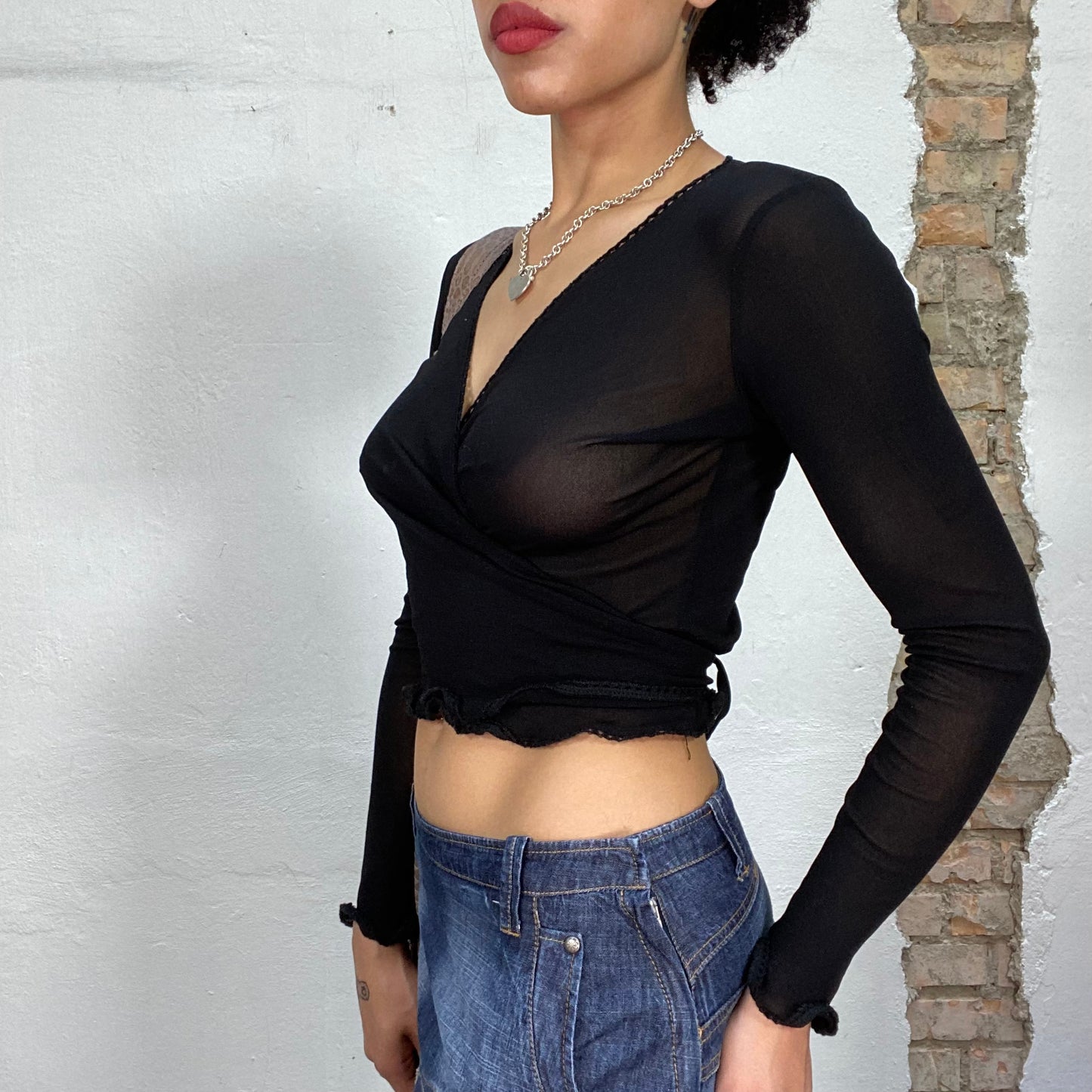 Vintage 2000's Ballet Black Mesh Wrap Top with Trim (S)