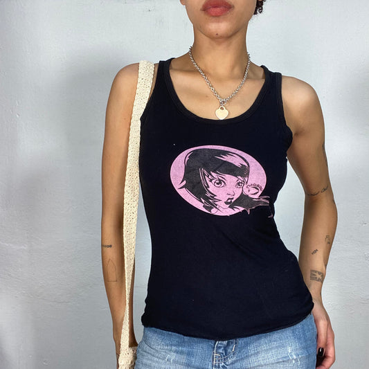 Vintage 2000's Morgan de Toi Black Tanktop with Pink Girl Face Print (S)