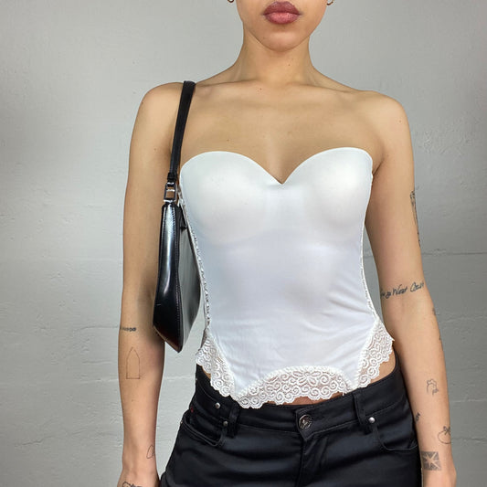 Vintage 2000's Ballet White Strapless Corset Top with Floral Lace Trim Detail (S)