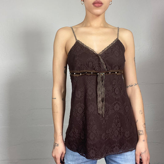 Vintage 90's Boho Brown Top with Lace Covering Material (M)