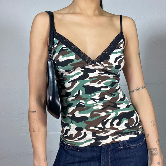 Vintage 2000's Rave Khaki Camo Top with Black Lace Trim Detail (S)