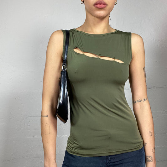 Vintage 2000's Rave Khaki Cut Out Top with Safety Pin Line Detail (S)