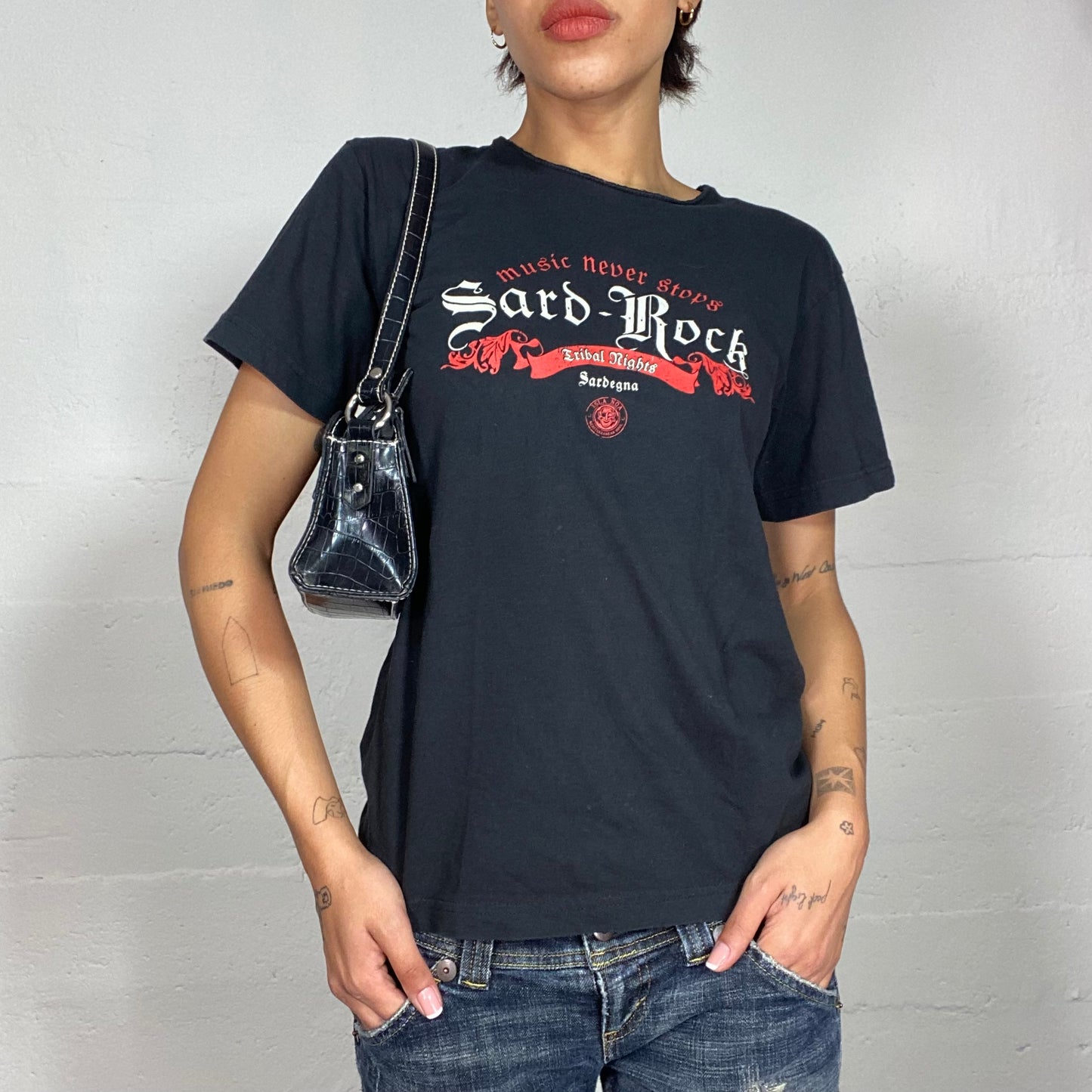 Vintage 2000's Sleaze Black Oversized Band Tee with Red "Tribal Nights" Print (M)