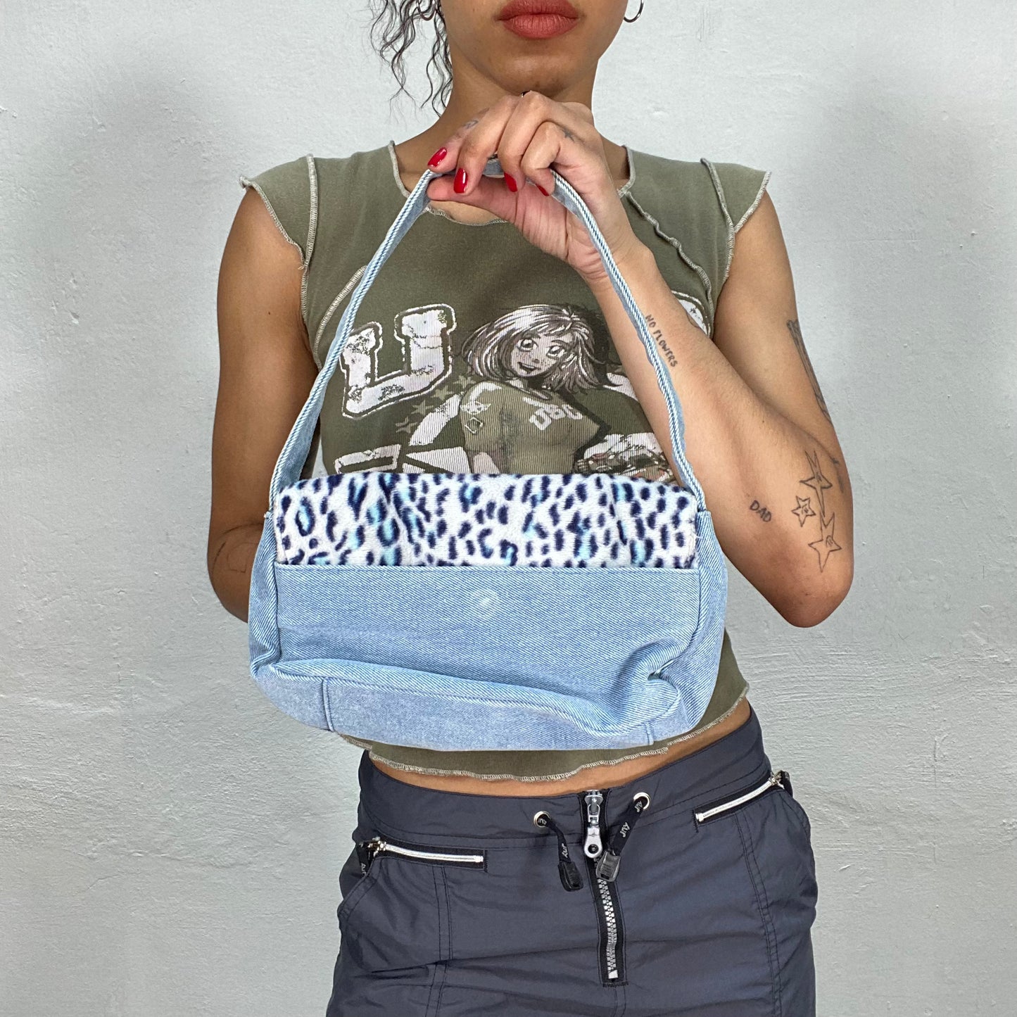 Vintage 90's Roxy Baby Blue Leo Print and Denim Small Shoulder Bag