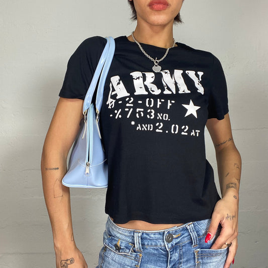 Vintage 2000's Rave Black Top with White Army Print (S/M)