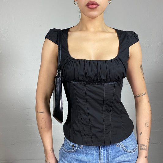 Vintage 2000's Romantic Girl Black Corset Top with Milkmaid Sleeves Detail (S/M)