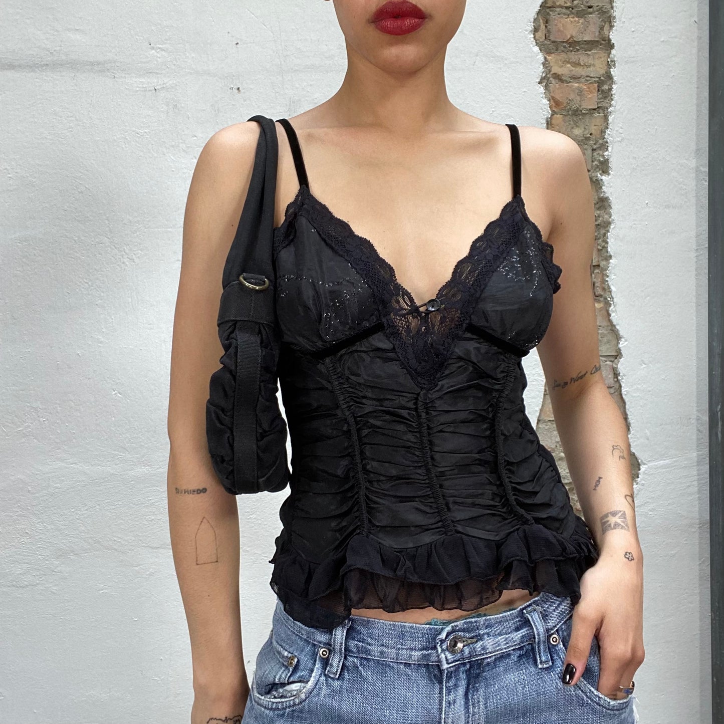 Vintage 2000's Gothic Black Cami Top with Scunched Details (S)