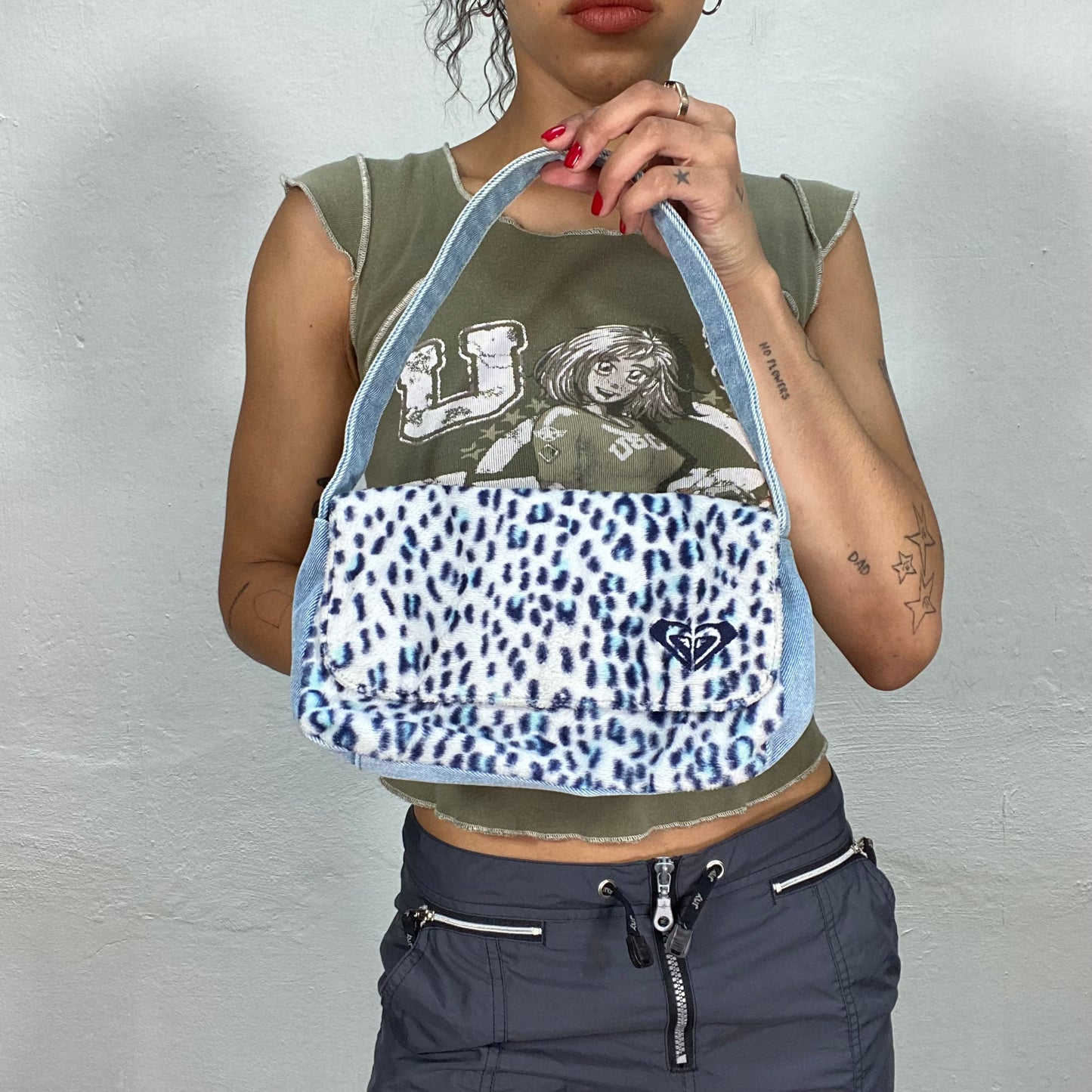 Vintage 90's Roxy Baby Blue Leo Print and Denim Small Shoulder Bag