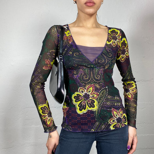 Vintage 2000's Hippie Purple Longsleeve Top with Green Floral Print (S)