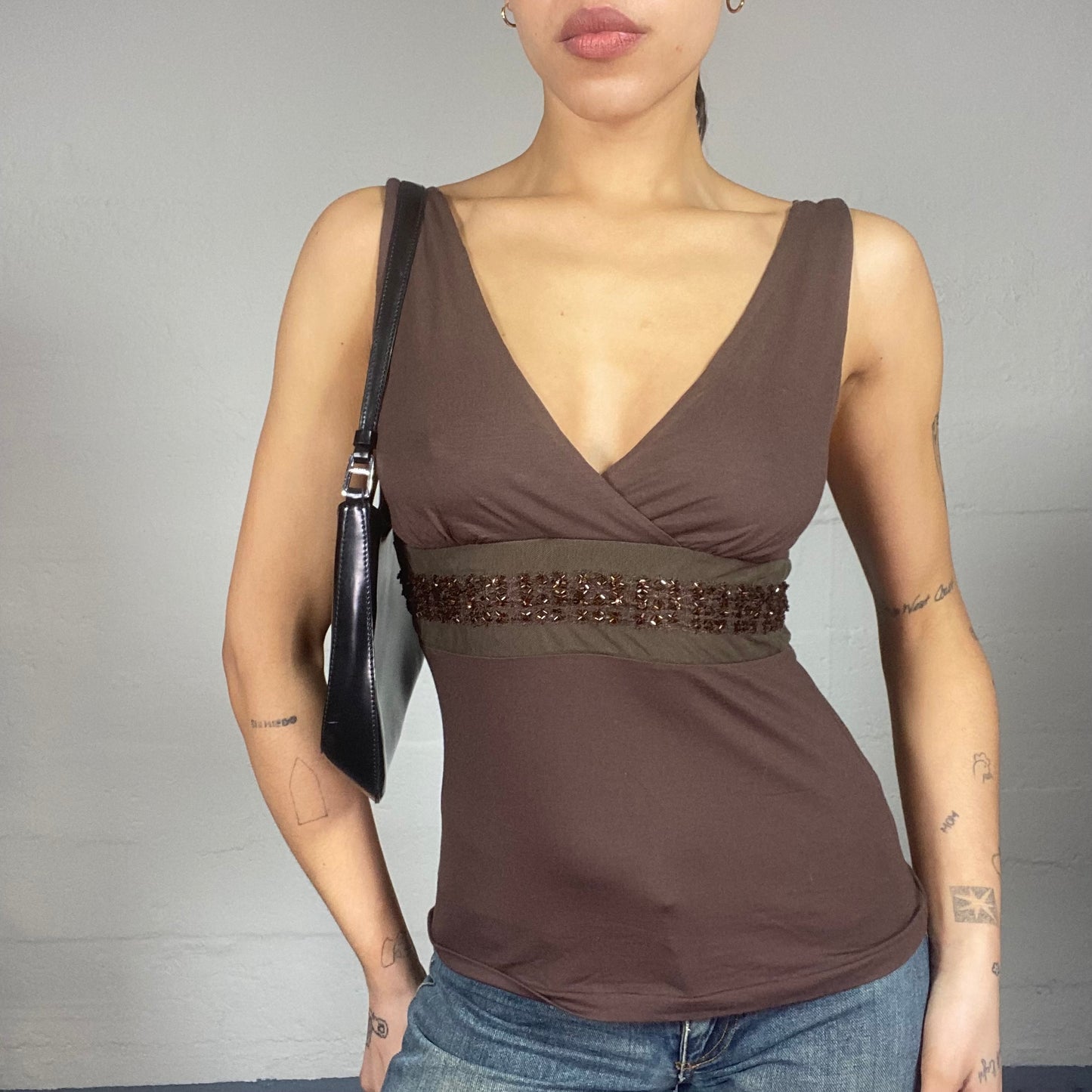 Vintage 2000's Desperate Housewive Brown Wrapped Chest Top with Rhinestones Waist Trim Detail (S)