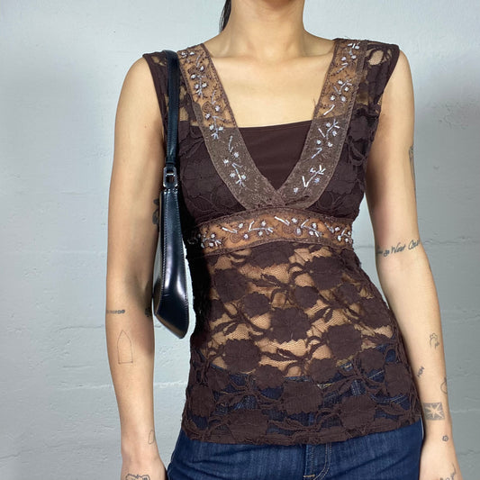 Vintage 2000's Fairy Girl Brown Mesh Lace Top with Rhinestones Print Detail (S)