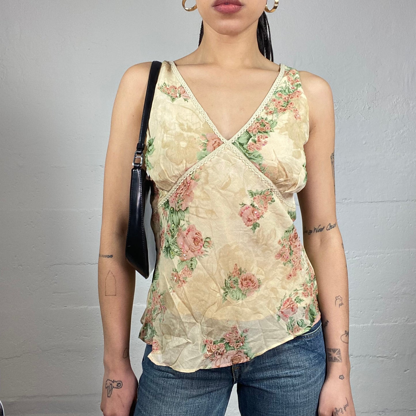 Vintage 2000's Soft Girl Pastel Yellow Blouse Top with Pink Roses Print Detail (M)