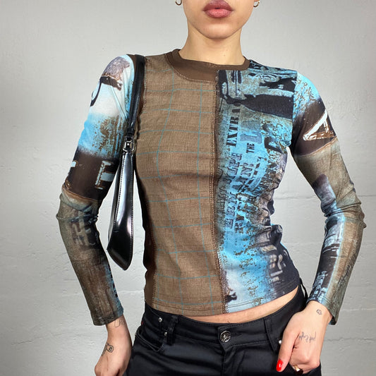 Vintage 2000's Batik Brown and Blue Longsleeve Top with Two Sides Print Part Detail (S/M)