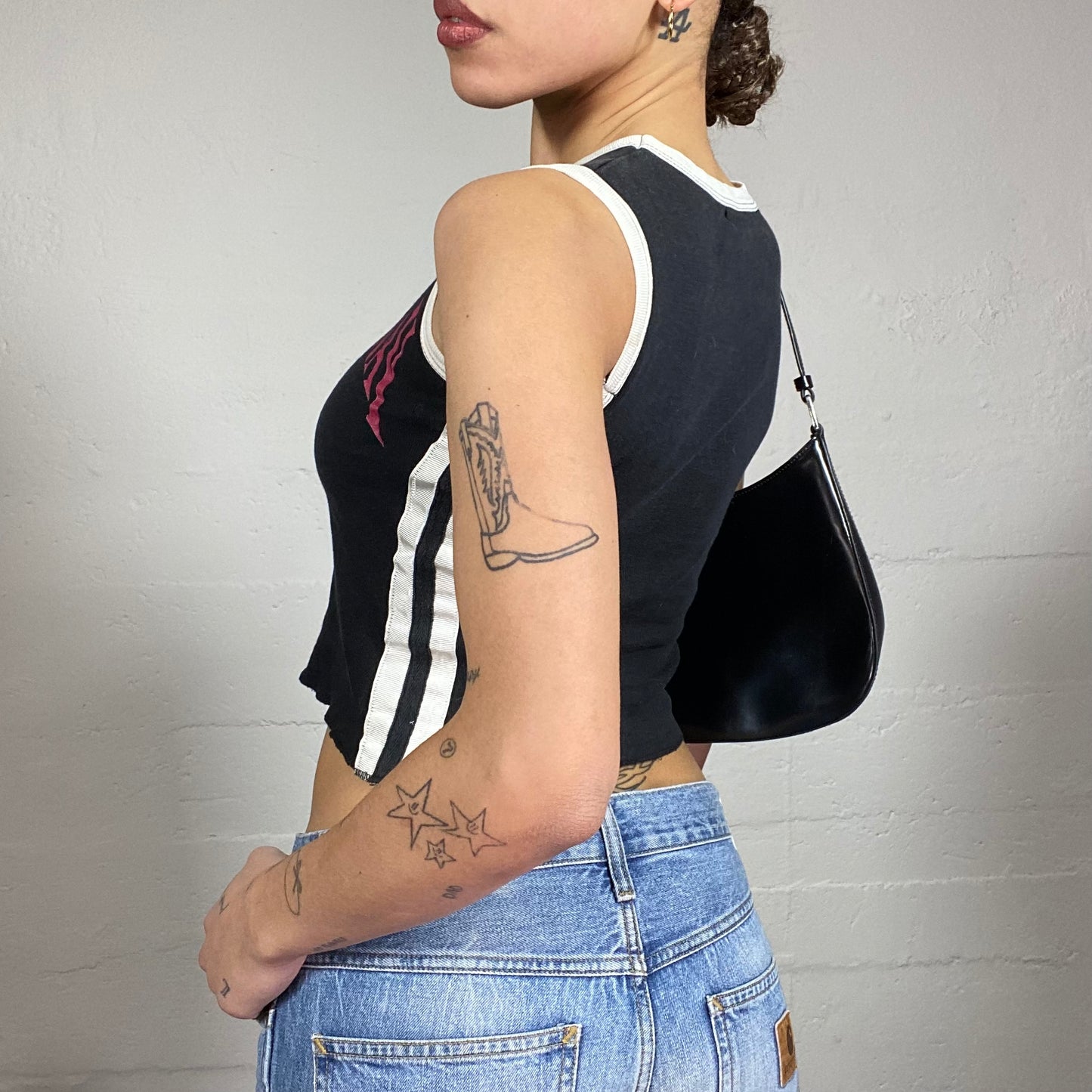 Vintage 2000's Sporty Black Top with "American Free Way" Print and White Side Trims Detail (S)