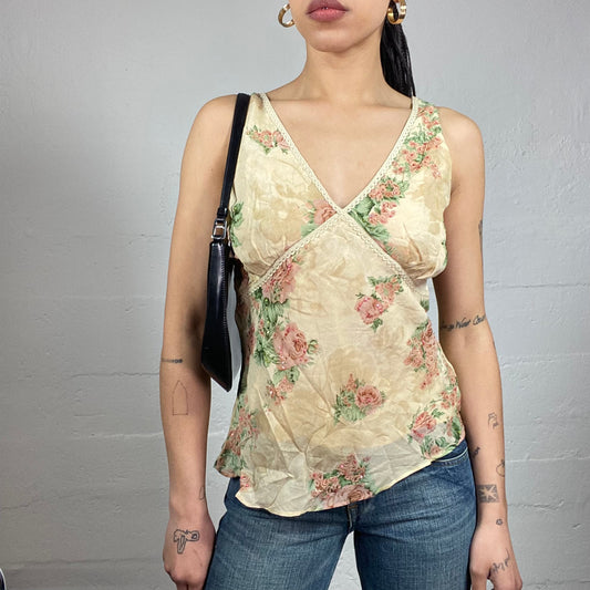 Vintage 2000's Soft Girl Pastel Yellow Blouse Top with Pink Roses Print Detail (M)