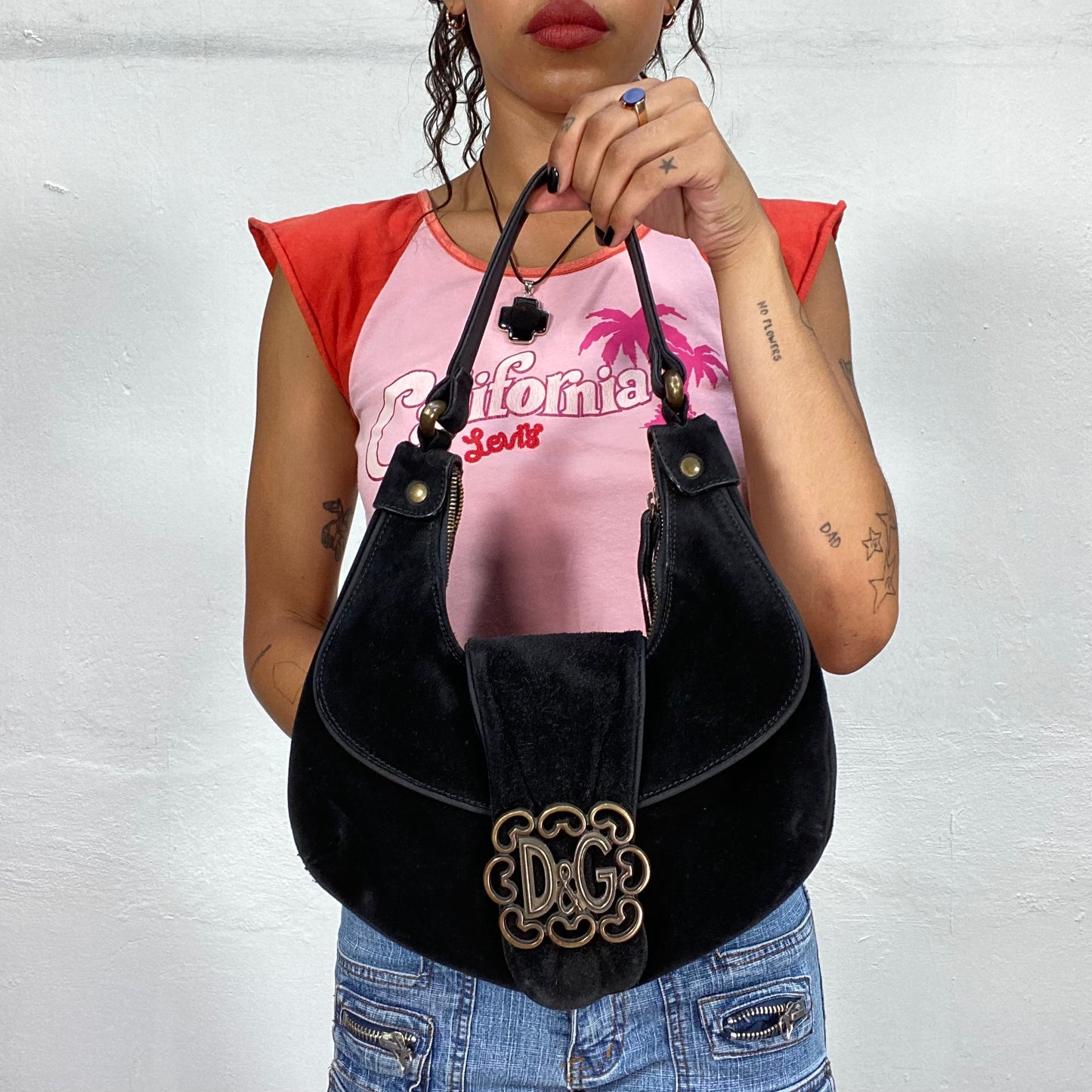 Vintage 90's Dolce & Gabanna Western Suede Shoulder Bag with Goldsmith  Logo and Heart Detail