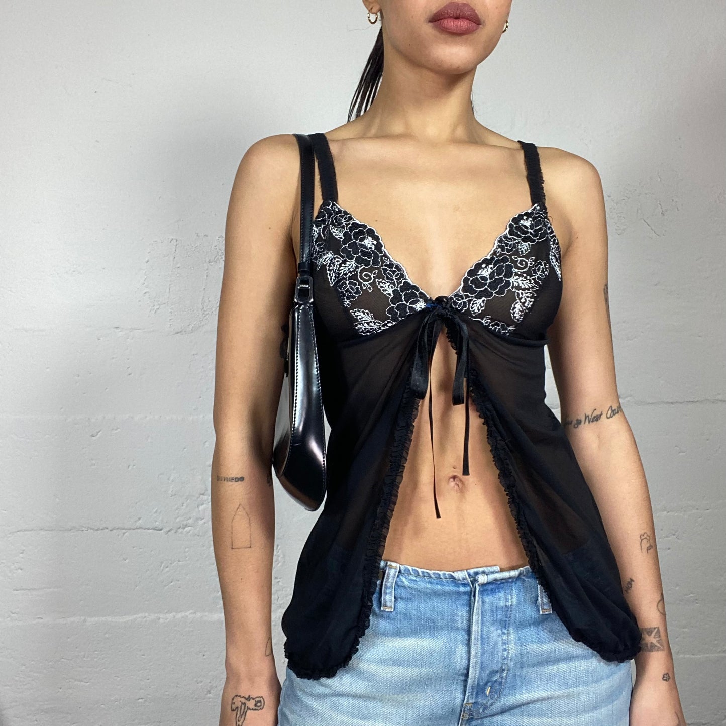Vintage 2000's Romantic Lingerie Black Open Top with White Lace Chest Covering  (S)