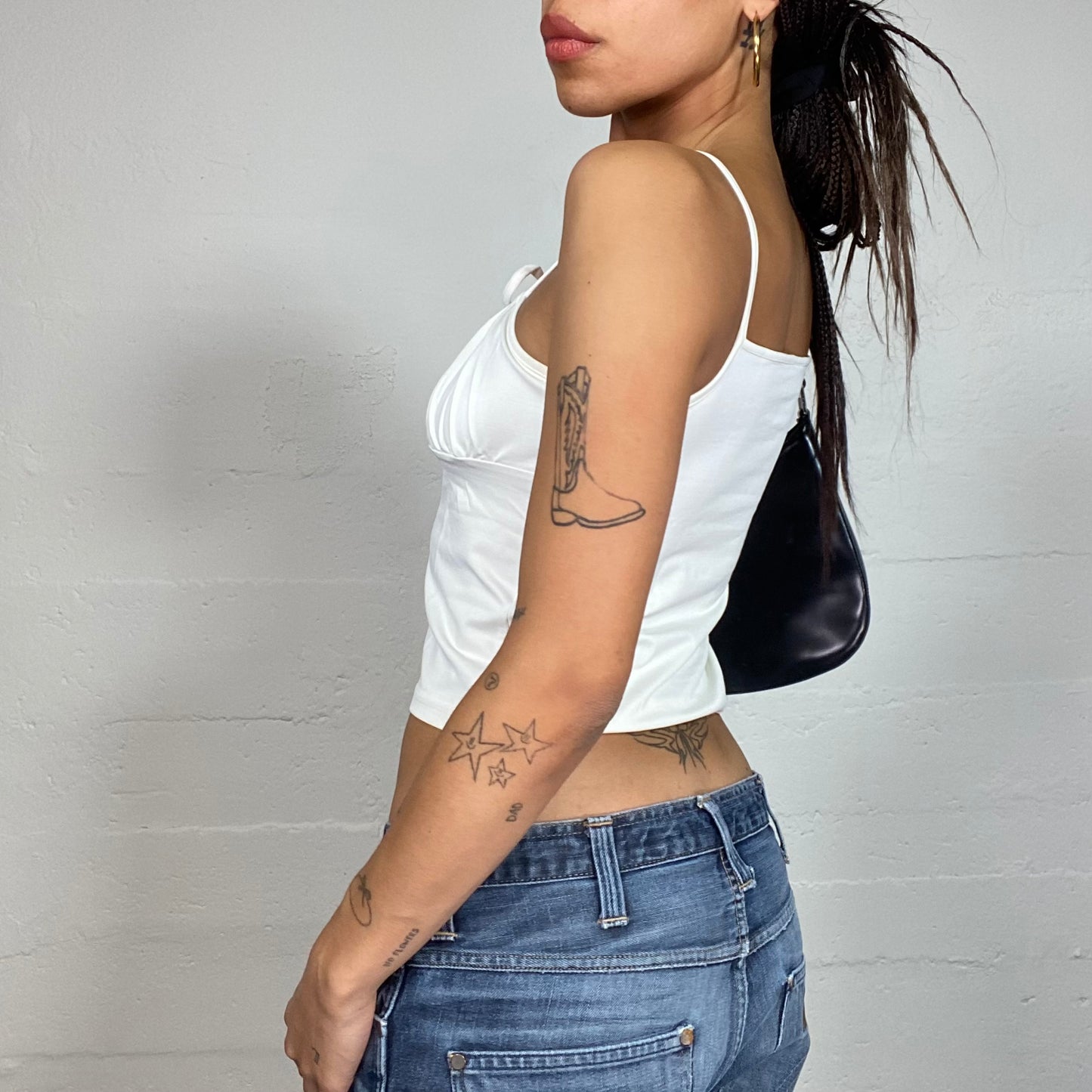 Vintage 2000's Cute White Top with Ruched Chest and Crossed Straps Detail (S)