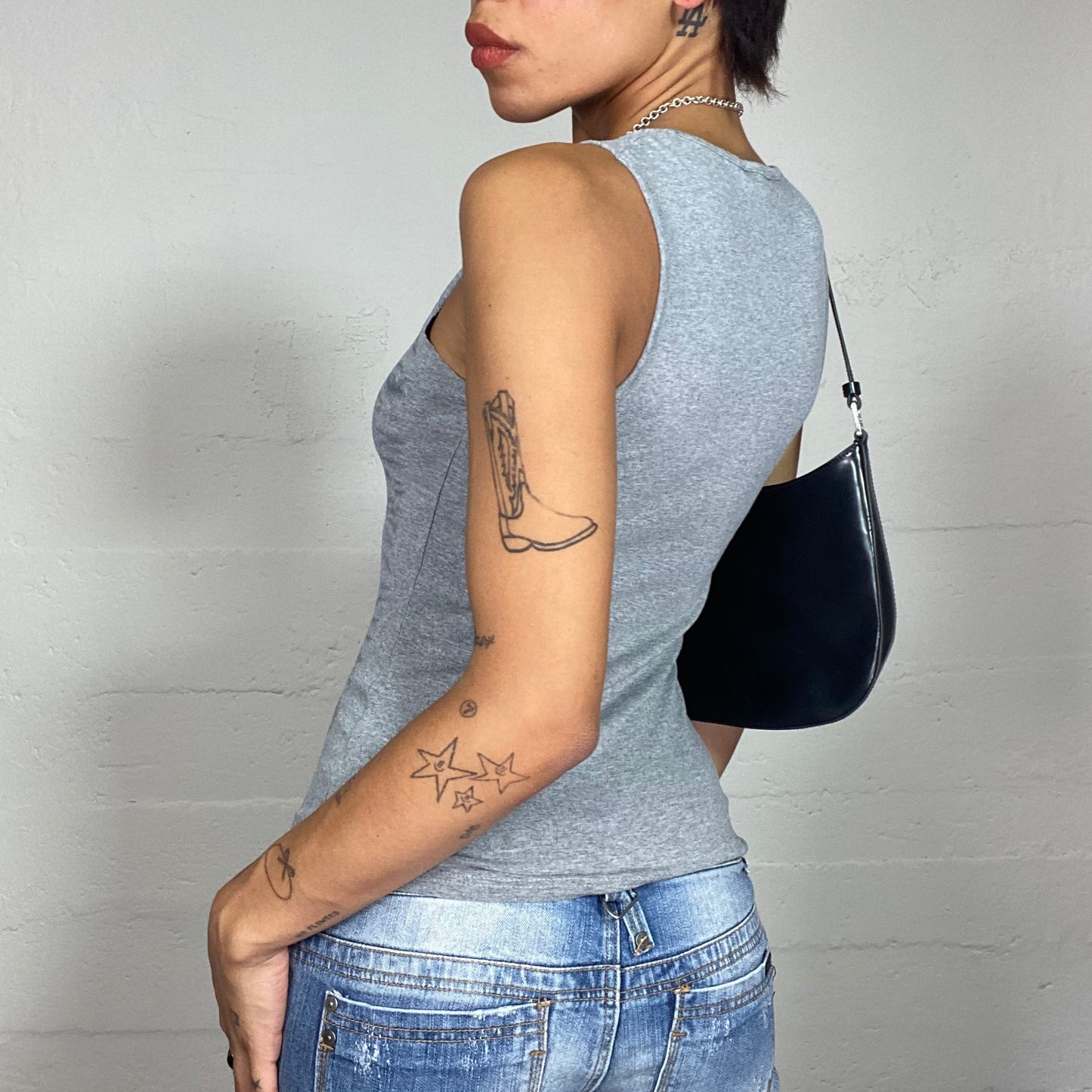 Vintage 2000's Morgan Downtown Girl Grey Top with Gothic Brand Lettering (S)