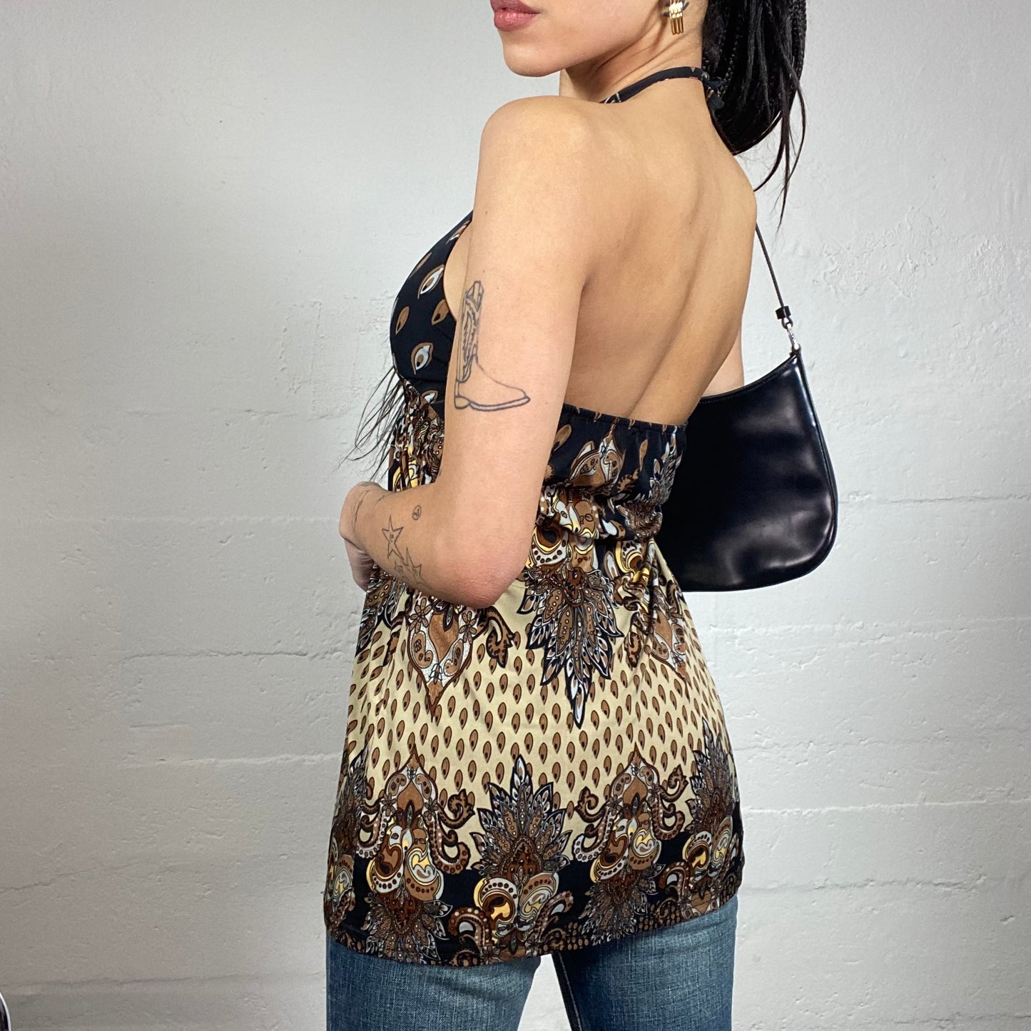 Vintage 2000's Boho Girl Black Top with Brown Ethnic Print Detail (M)