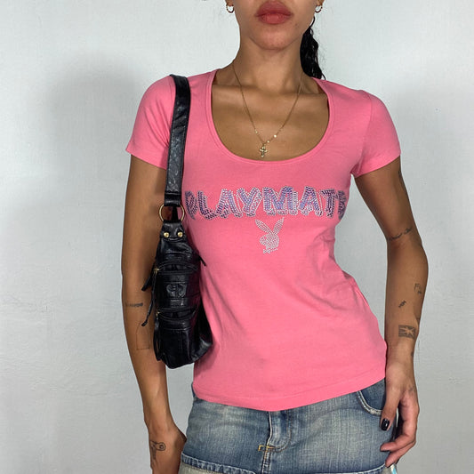 Vintage 2000's Playboy Soft Girl Pink Top with Strass "Playmate" and Logo Print (S)