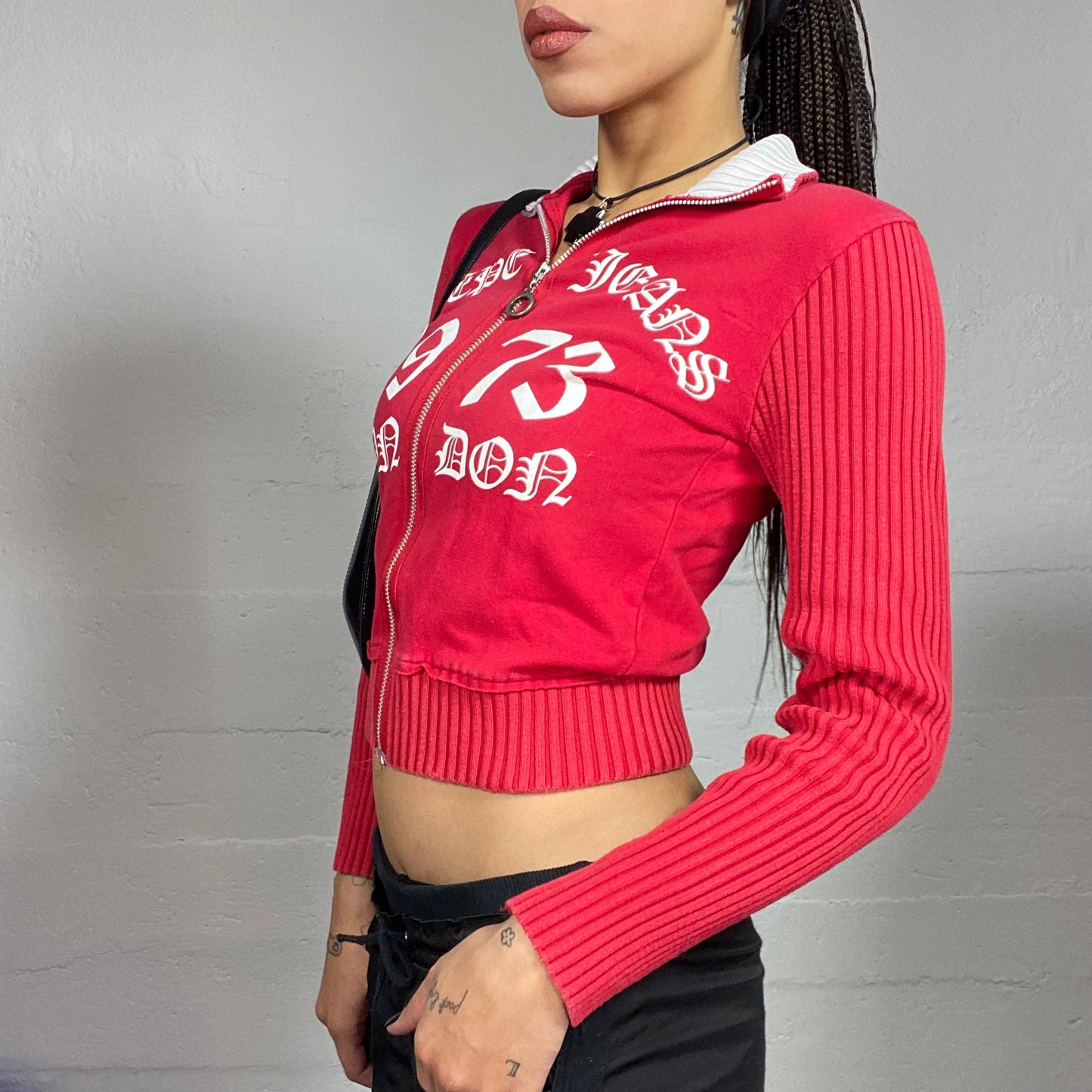 Vintage 2000's Pepe Jeans Downtown Girl Red Zip-Up Hoodie with Ribbed Longlseeves and White Gothic Typography Print (S)