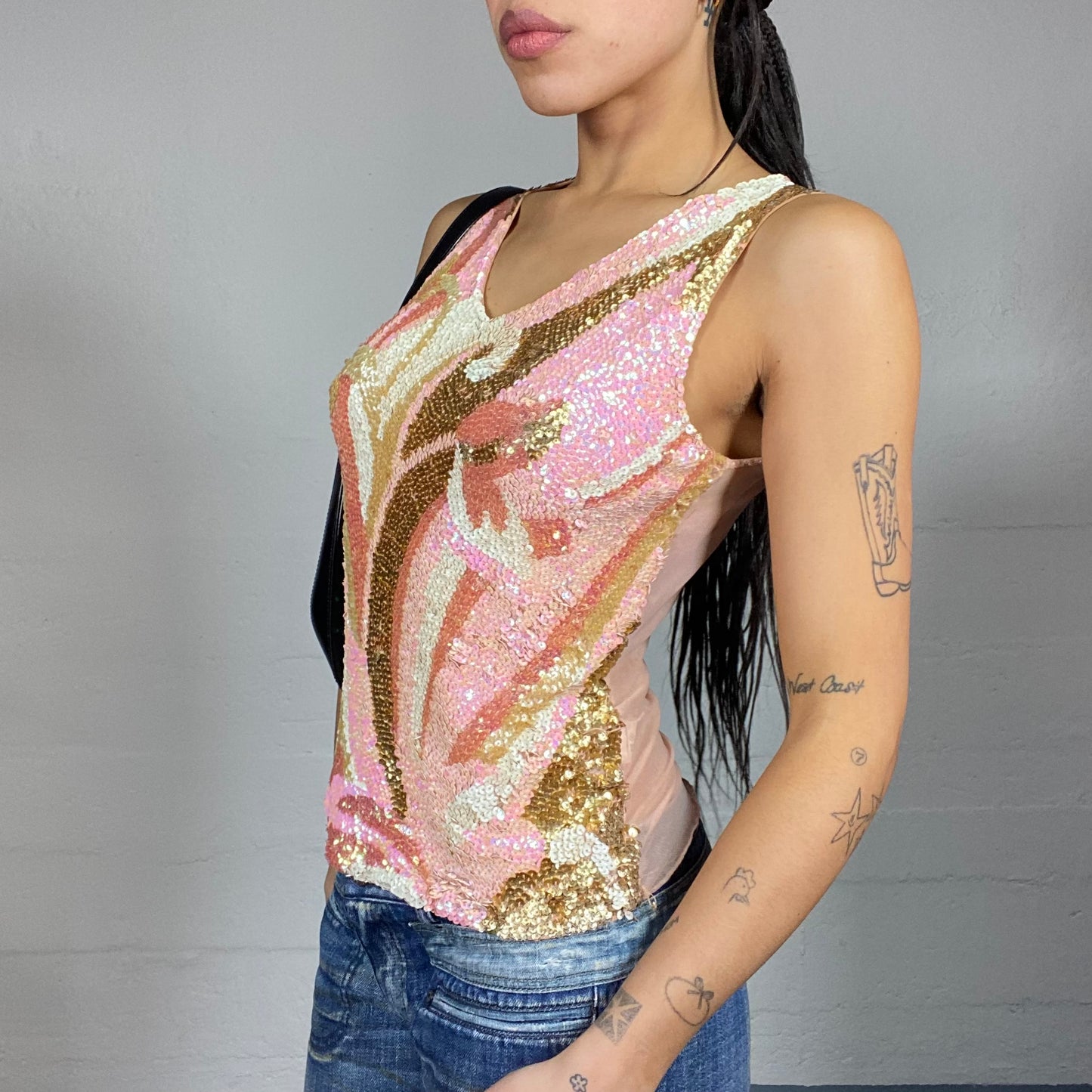 Vintage 2000's Festive Top with Sequins Wavy Decorative Print (S)