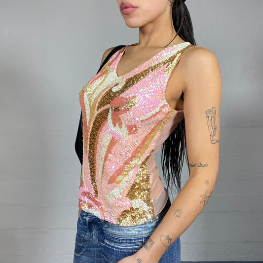 Vintage 2000's Festive Top with Sequins Wavy Decorative Print (S)