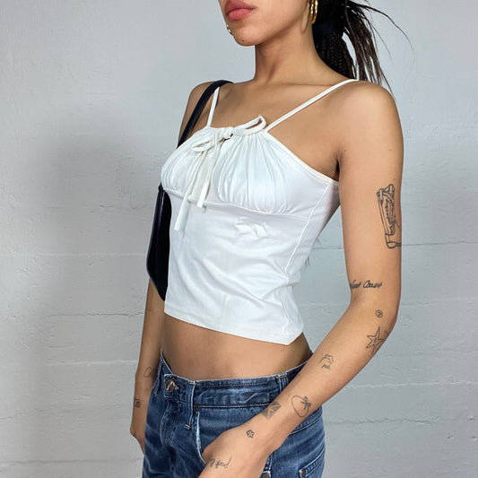 Vintage 2000's Cute White Top with Ruched Chest and Crossed Straps Detail (S)
