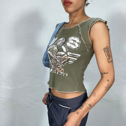 Vintage 90's Grunge Khaki Inside Out Shirt with US Military Girl Print (S)