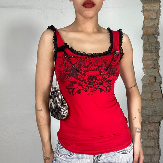 Vintage 2000's Punky Red Tank Top with Black Skull Print and Mesh Trim (S)