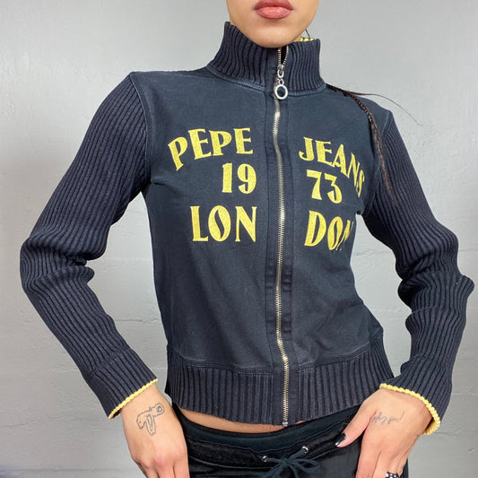 Vintage 2000's Pepe Jeans Downtown Girl Black Zip-Up Hoodie with Ribbed Longlseeves and Yellow Gothic Typography Print (S/M)