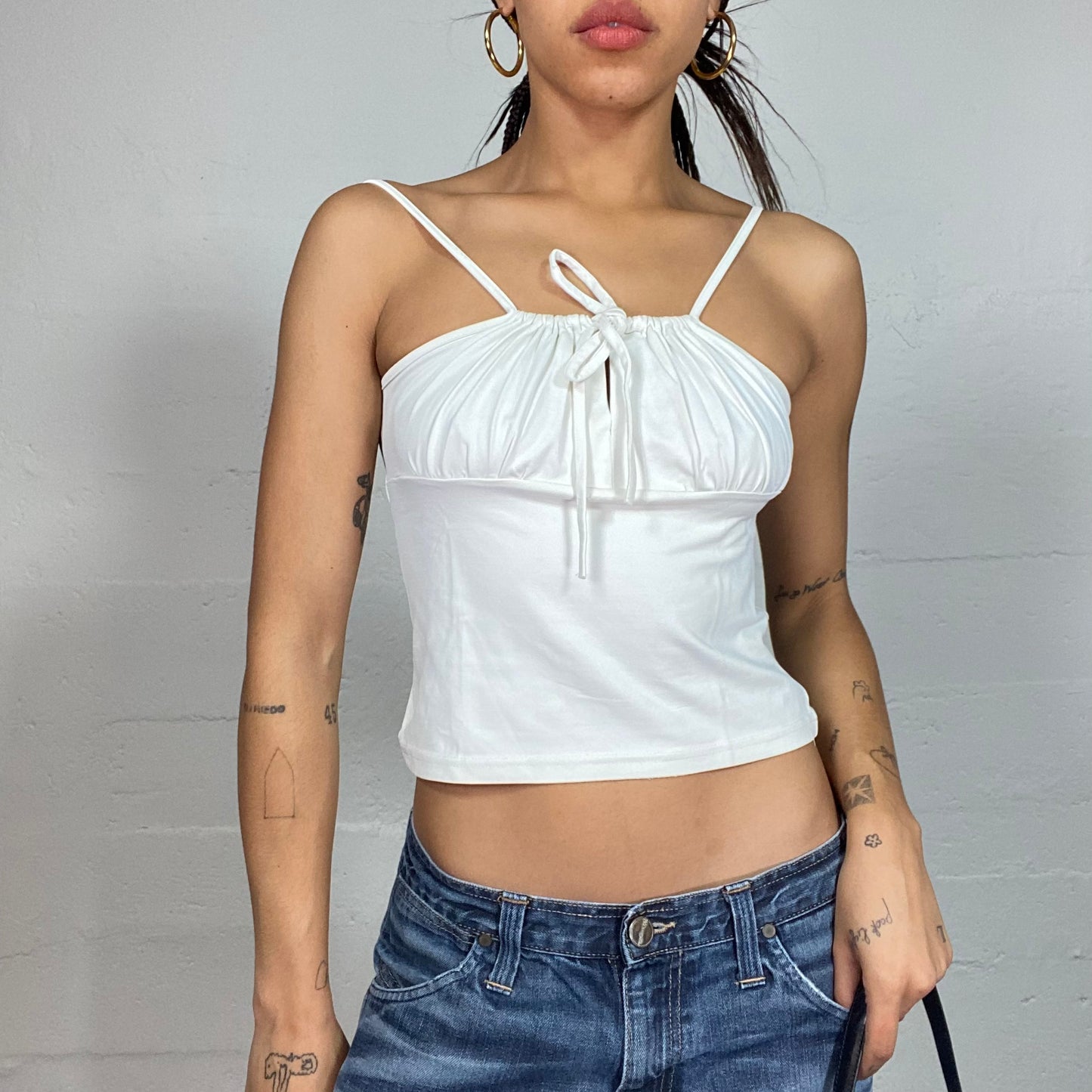 Vintage 2000's Cute White Top with Ruched Chest and Crossed Straps Detail (S)