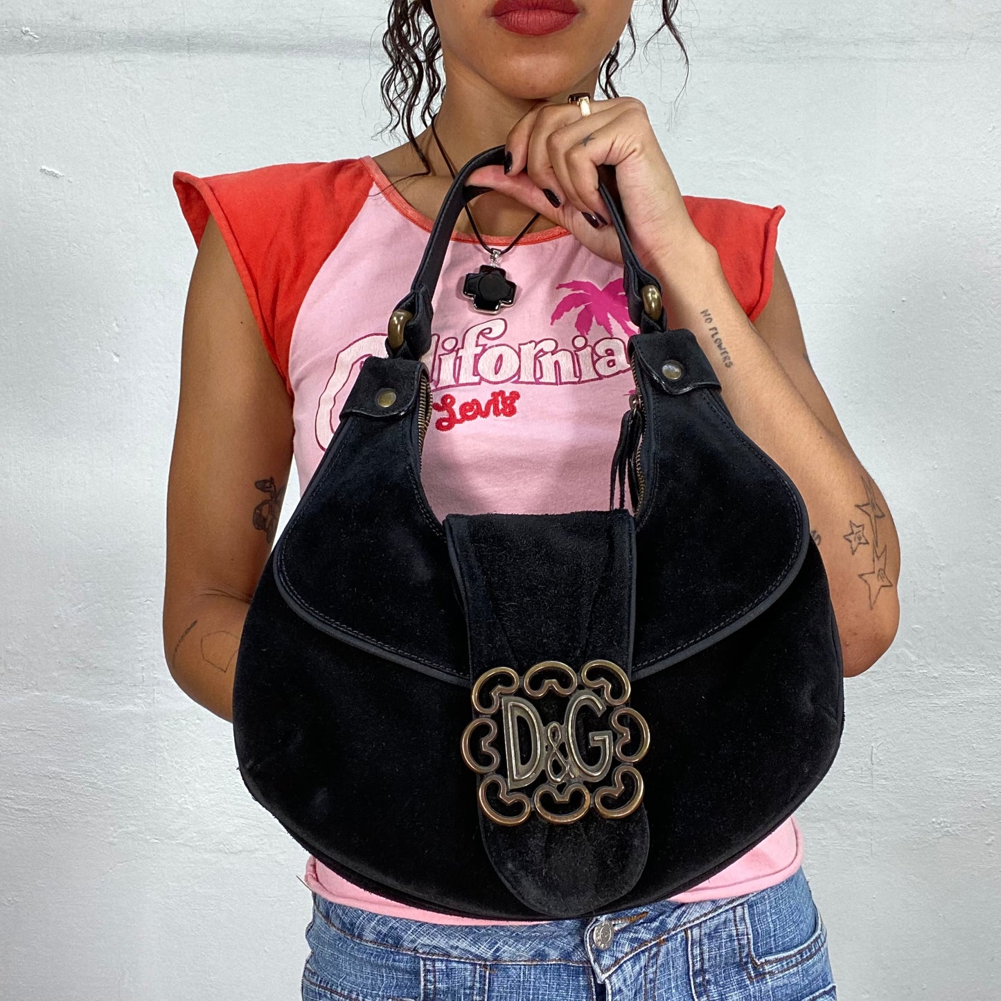 Vintage 90's Dolce & Gabanna Western Suede Shoulder Bag with Goldsmith  Logo and Heart Detail