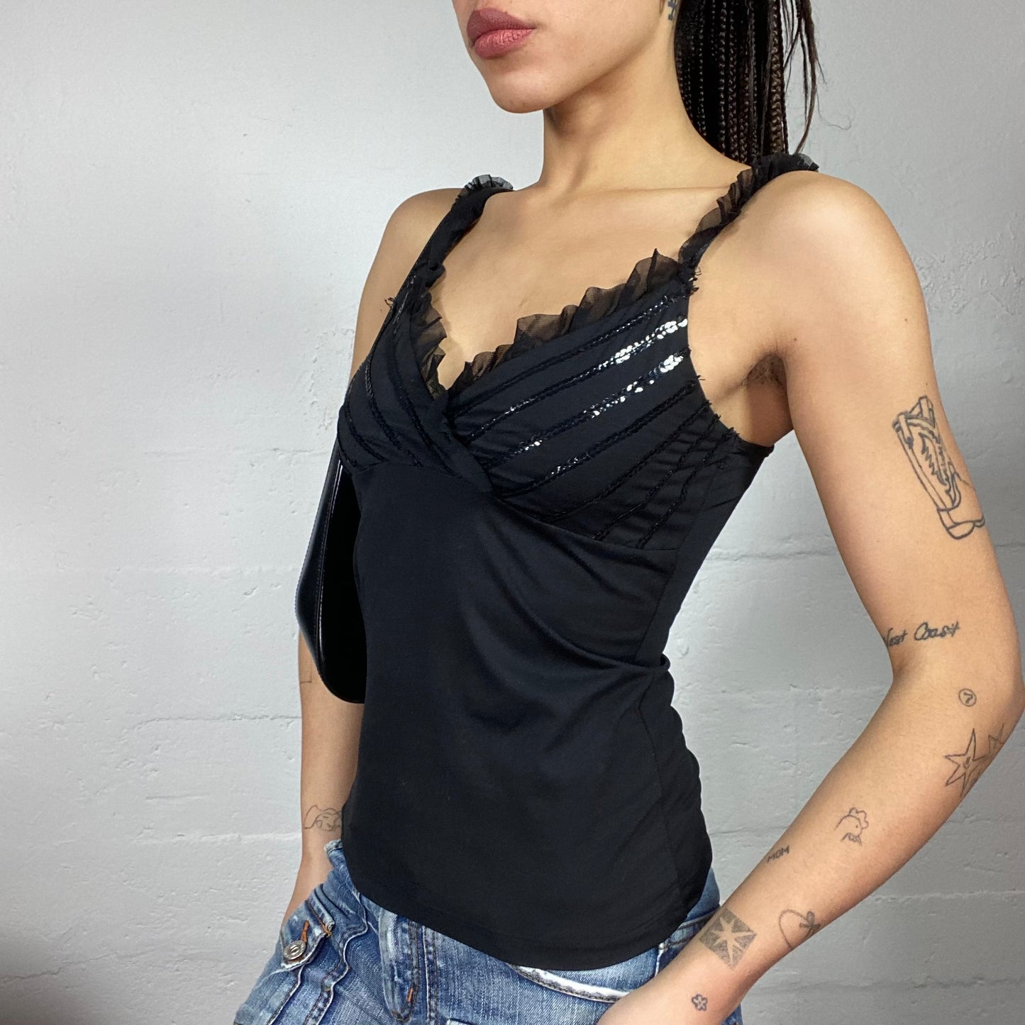 Vintage 2000's Clubwear Black Top with Sequins Chest Trims Detail (M)