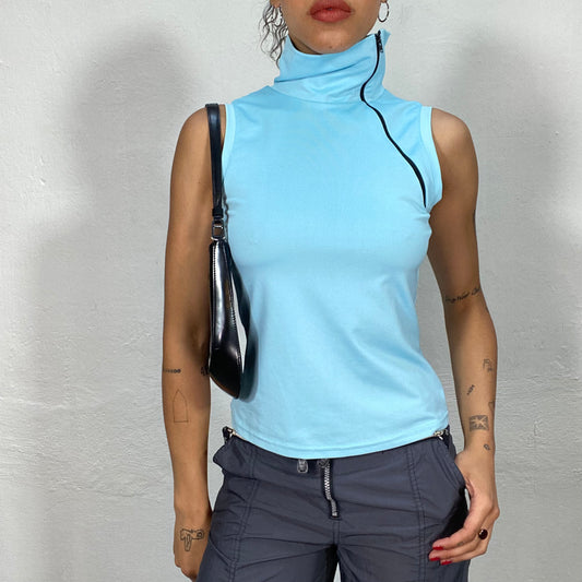 Vintage 90's Sporty Blue High Neck Tank Top with Black Neck Zipper Detail (S)