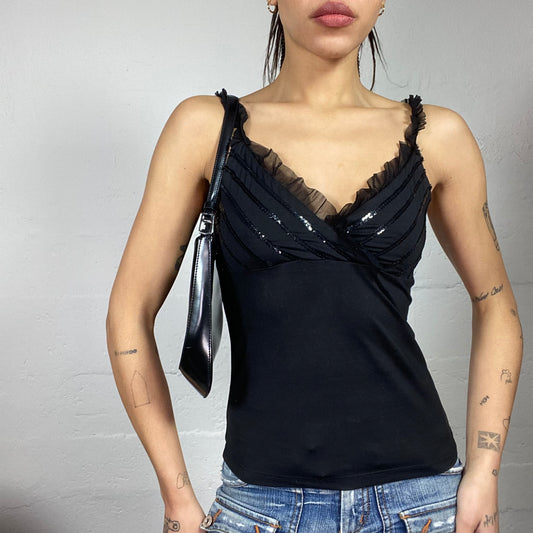 Vintage 2000's Clubwear Black Top with Sequins Chest Trims Detail (M)