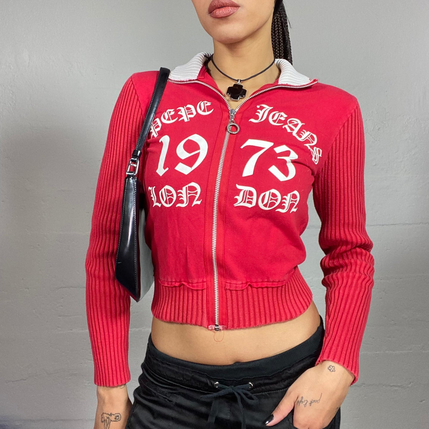 Vintage 2000's Pepe Jeans Downtown Girl Red Zip-Up Hoodie with Ribbed Longlseeves and White Gothic Typography Print (S)