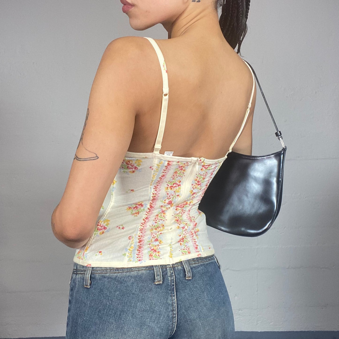 Vintage 2000's Desperate Housewive Beige Corset Cup Chest Top with Soft Floral Print Trims Detail (S)