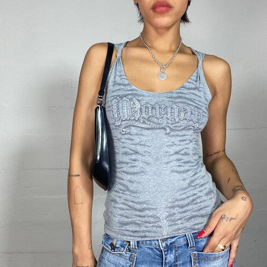 Vintage 2000's Morgan Downtown Girl Grey Top with Gothic Brand Lettering (S)