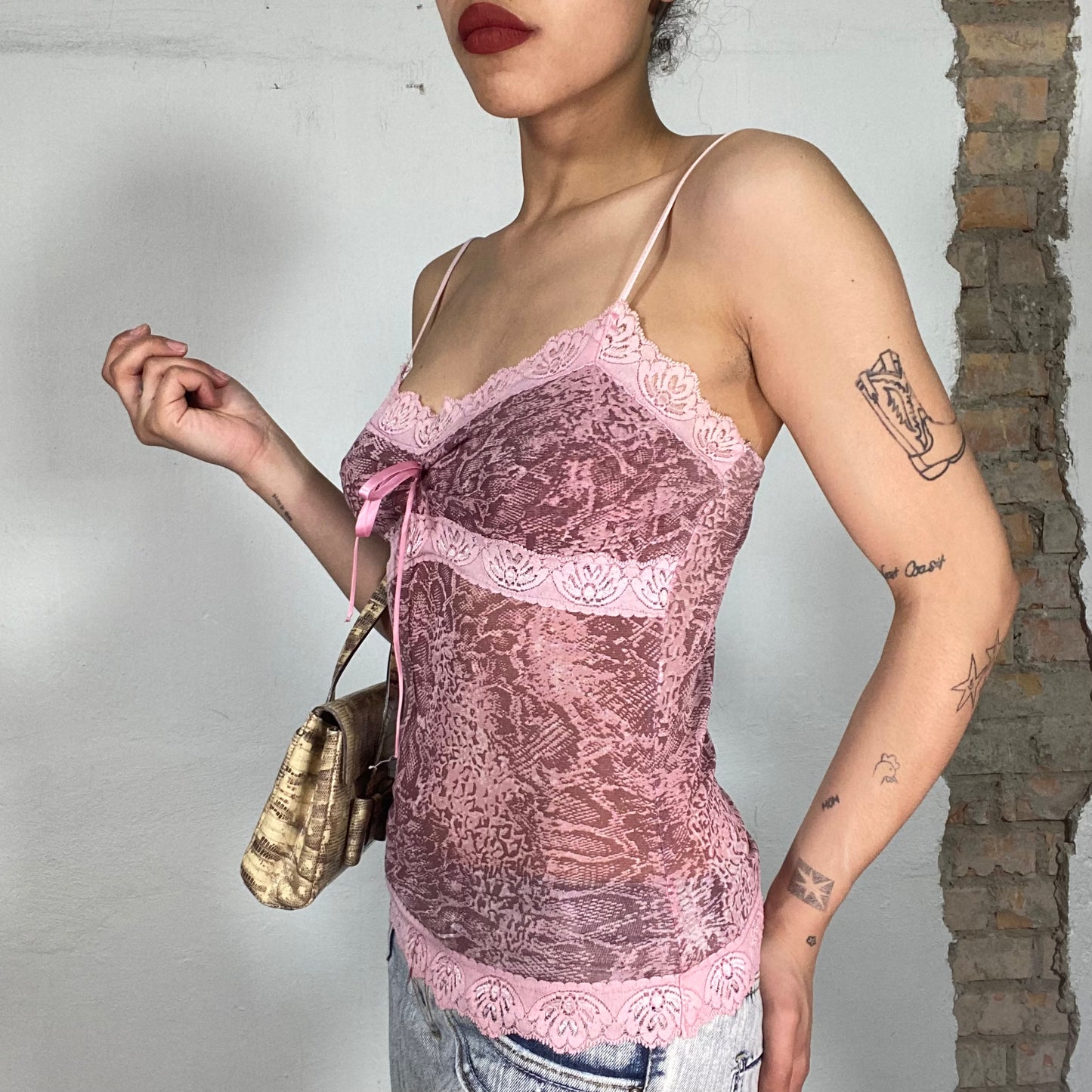 Vintage 2000's Coquette Pink Snake print Cami Top with Lace Trim (S)