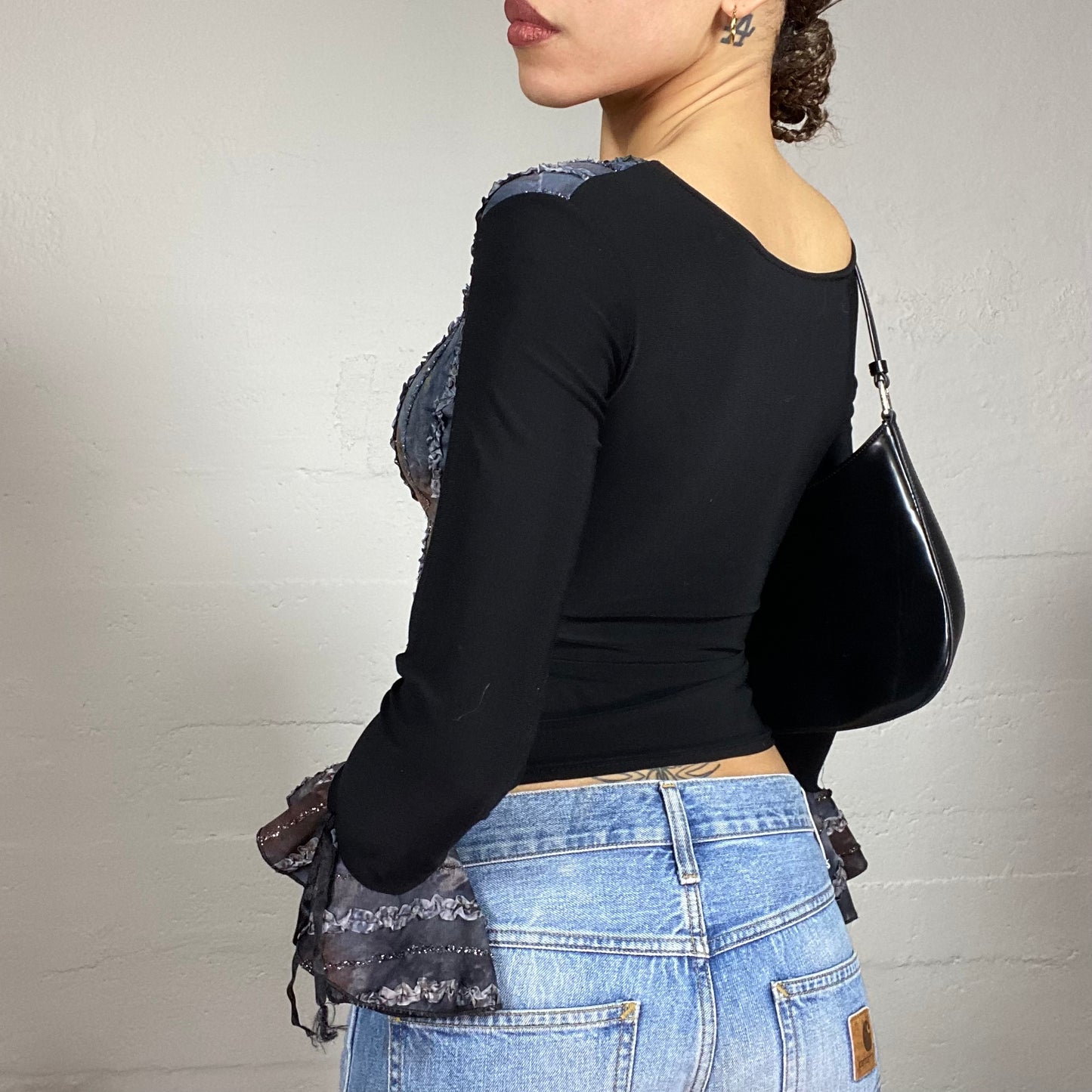 Vintage 2000's Whimsgoth Black Longsleeve Top with Blue Tie Dye Print Trim (S)