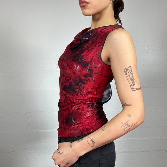 Vintage 2000's Clubwear Red Tie Dye Shirt Top with Typography Print (S)