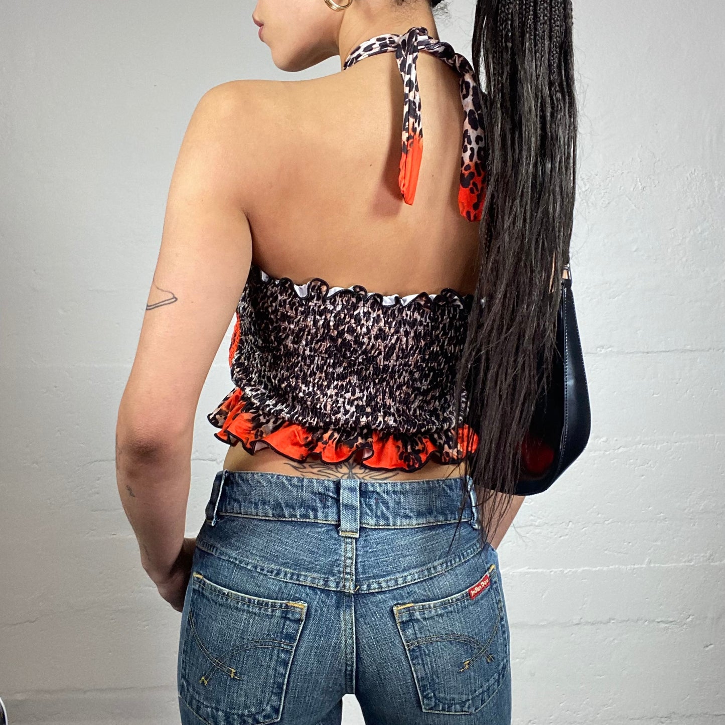 Vintage 2000's Boho Girl Brown Neckholder Top with Cheetah Print and Orange Tie Dye Print Detail (M)