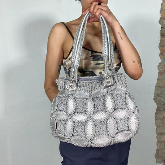 Vintage 2000's Funky Silver Crochet and Faux Leather Shoulder Bag