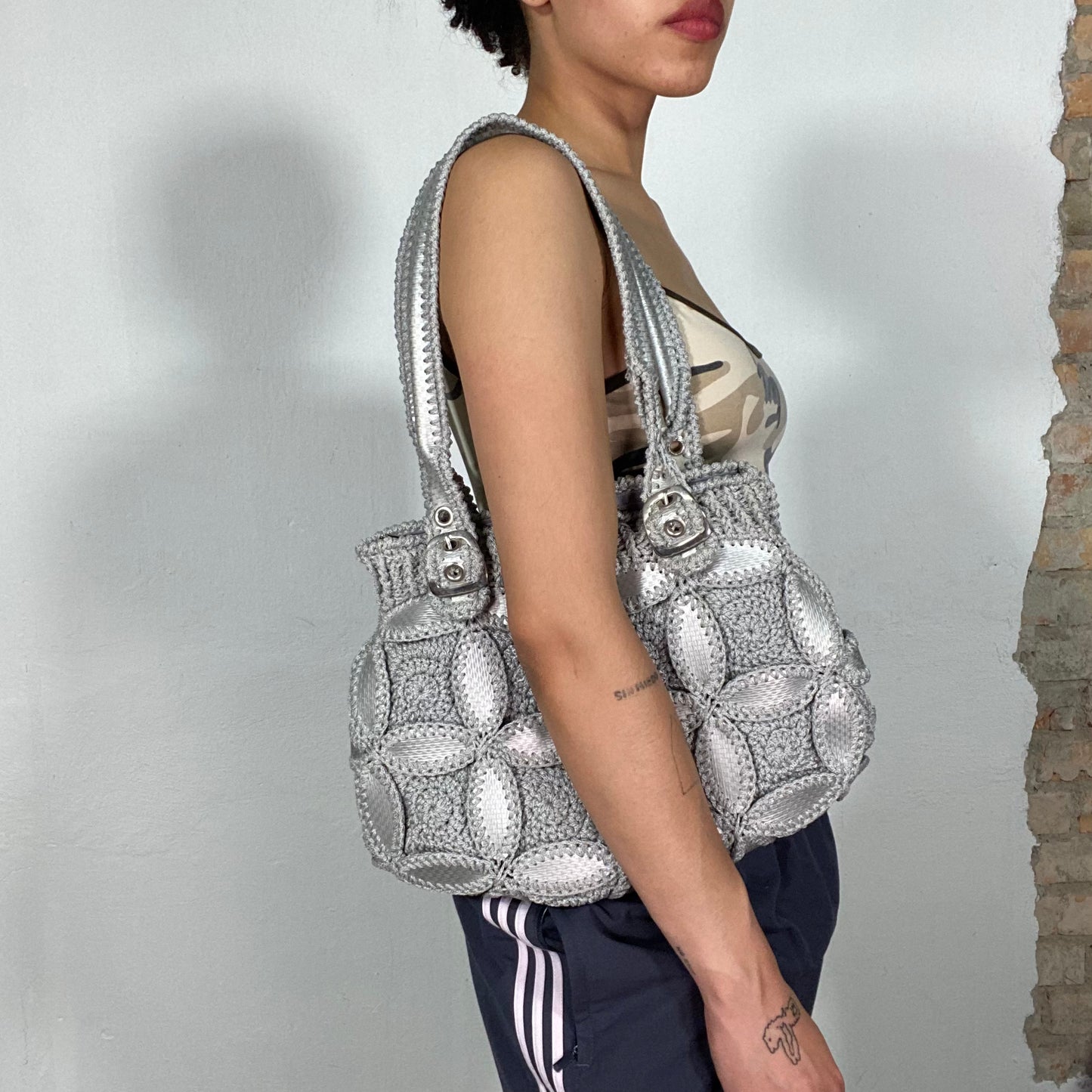 Vintage 2000's Funky Silver Crochet and Faux Leather Shoulder Bag