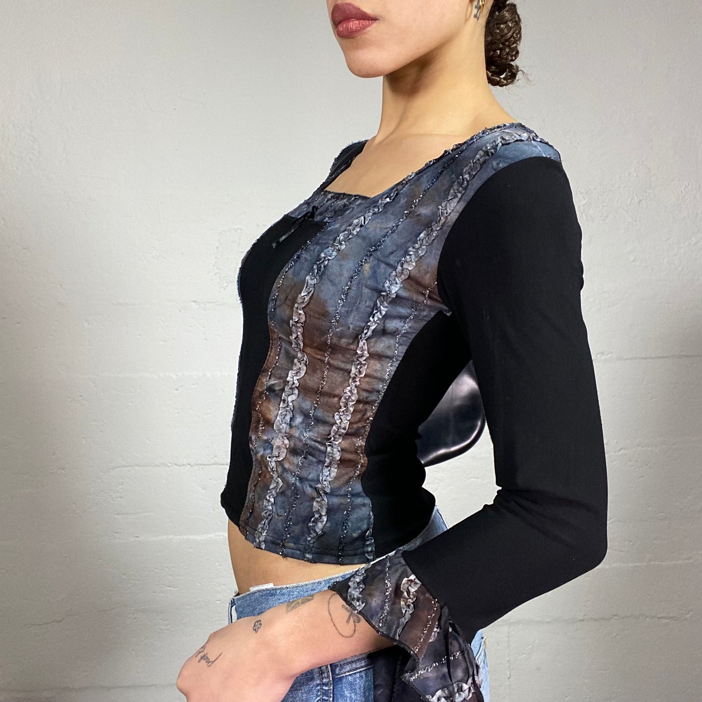 Vintage 2000's Whimsgoth Black Longsleeve Top with Blue Tie Dye Print Trim (S)