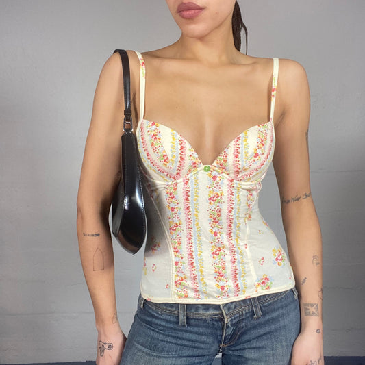Vintage 2000's Desperate Housewive Beige Corset Cup Chest Top with Soft Floral Print Trims Detail (S)